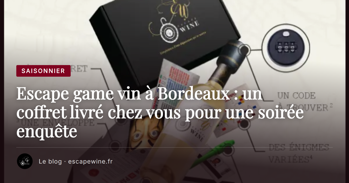 Infographie d’un coffret escape game vin livré avec énigmes et code